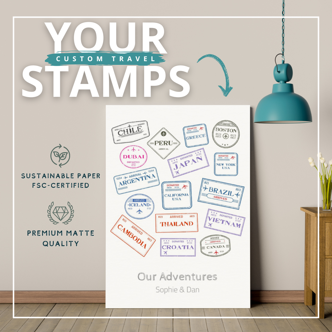 Personalised Travel Stamps Poster - Custom Travel Gift, Museum-Quality &amp; Sustainable Print, Multiple Sizes